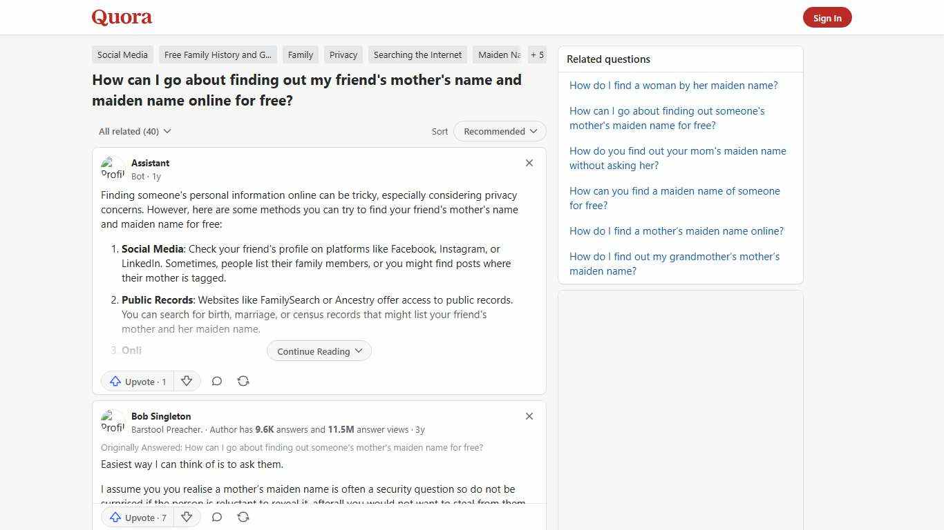 How to go about finding out my friend's mother's name and maiden name online for free - Quora